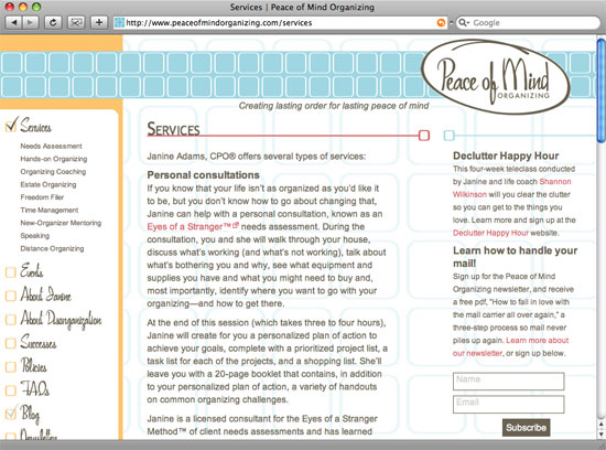 Peace of Mind Organizing content page